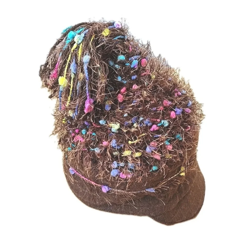 Sue Gallion Y2k Fairy Artsy Boho Brown Frilly Rainbow Confetti Beanie Hat Cap